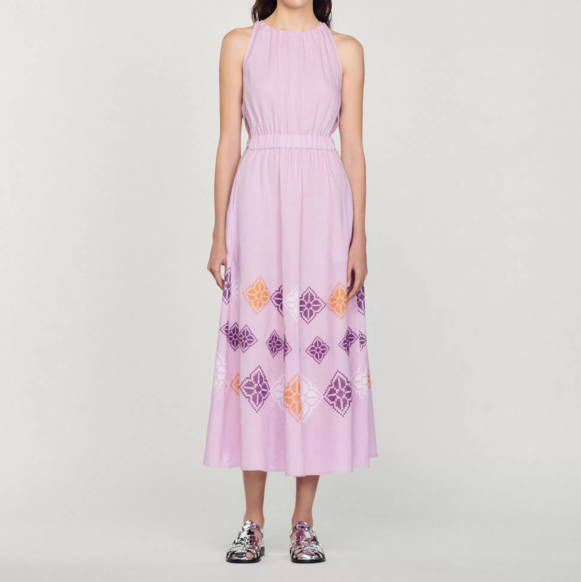 Sandro Paris Long Embroidered Linen Dress> Dresses