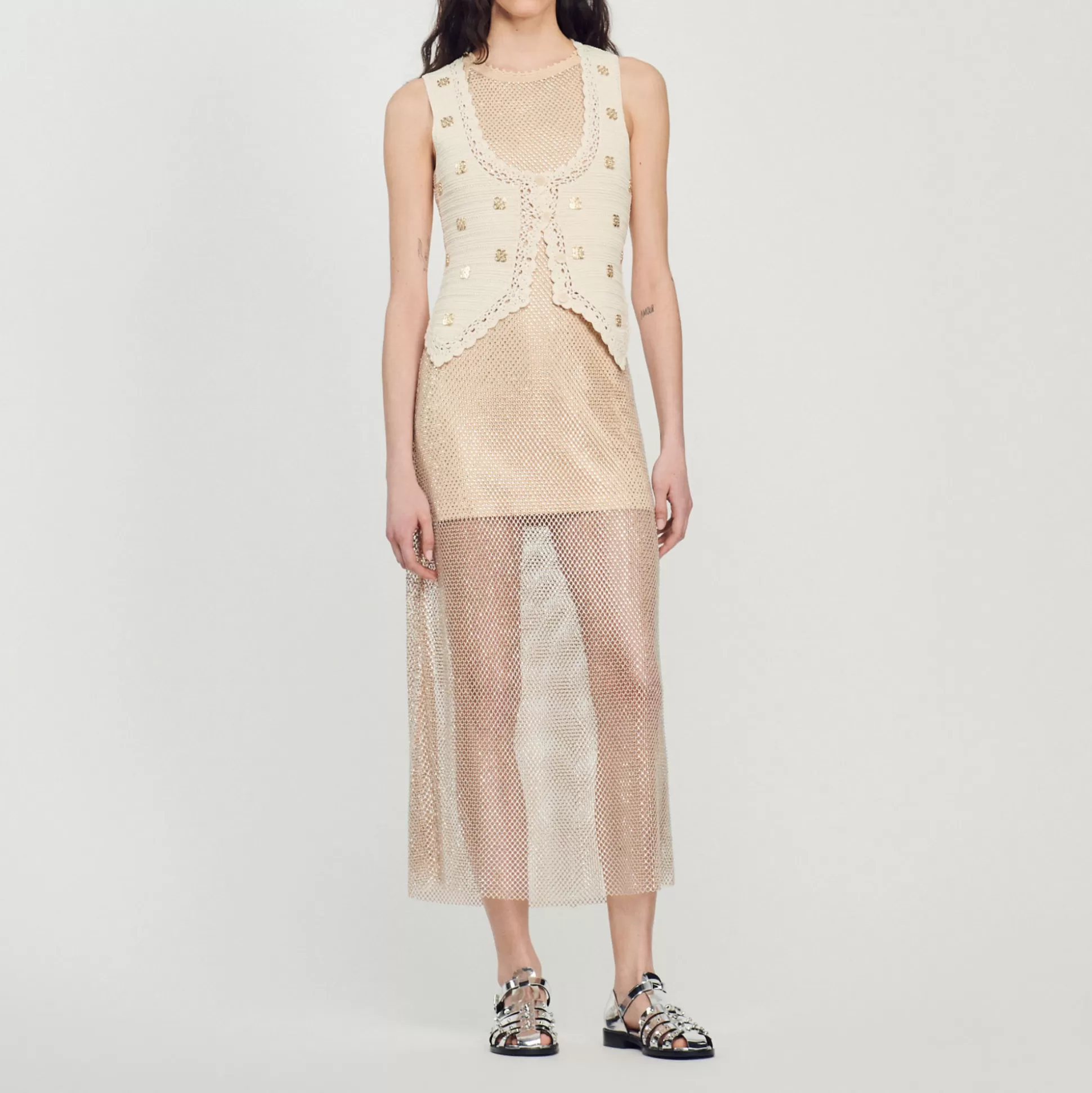 Sandro Paris Long Shiny Mesh Dress> Dresses