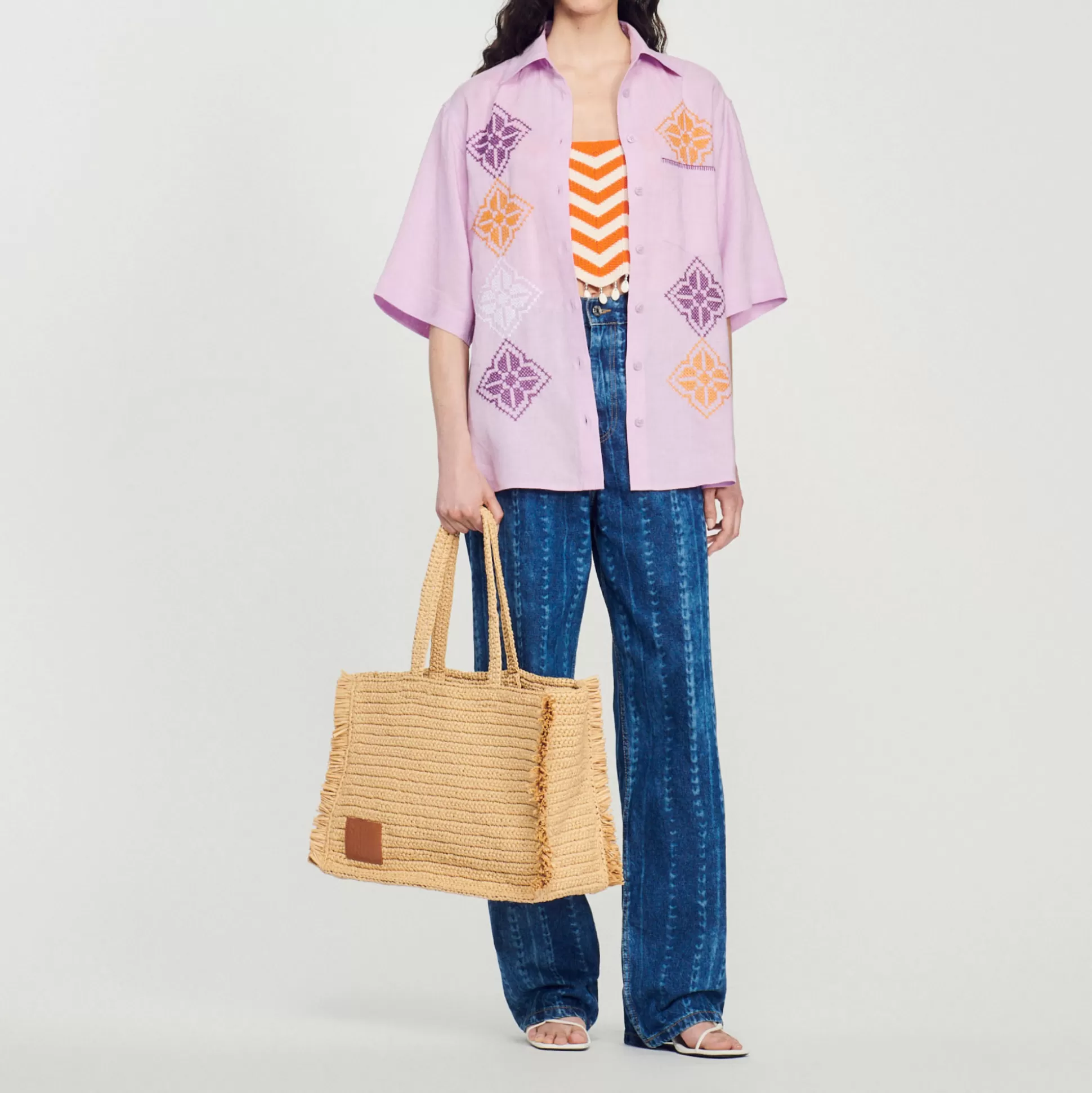 Sandro Paris Oversized Embroidered Linen Shirt> Tops & Shirts