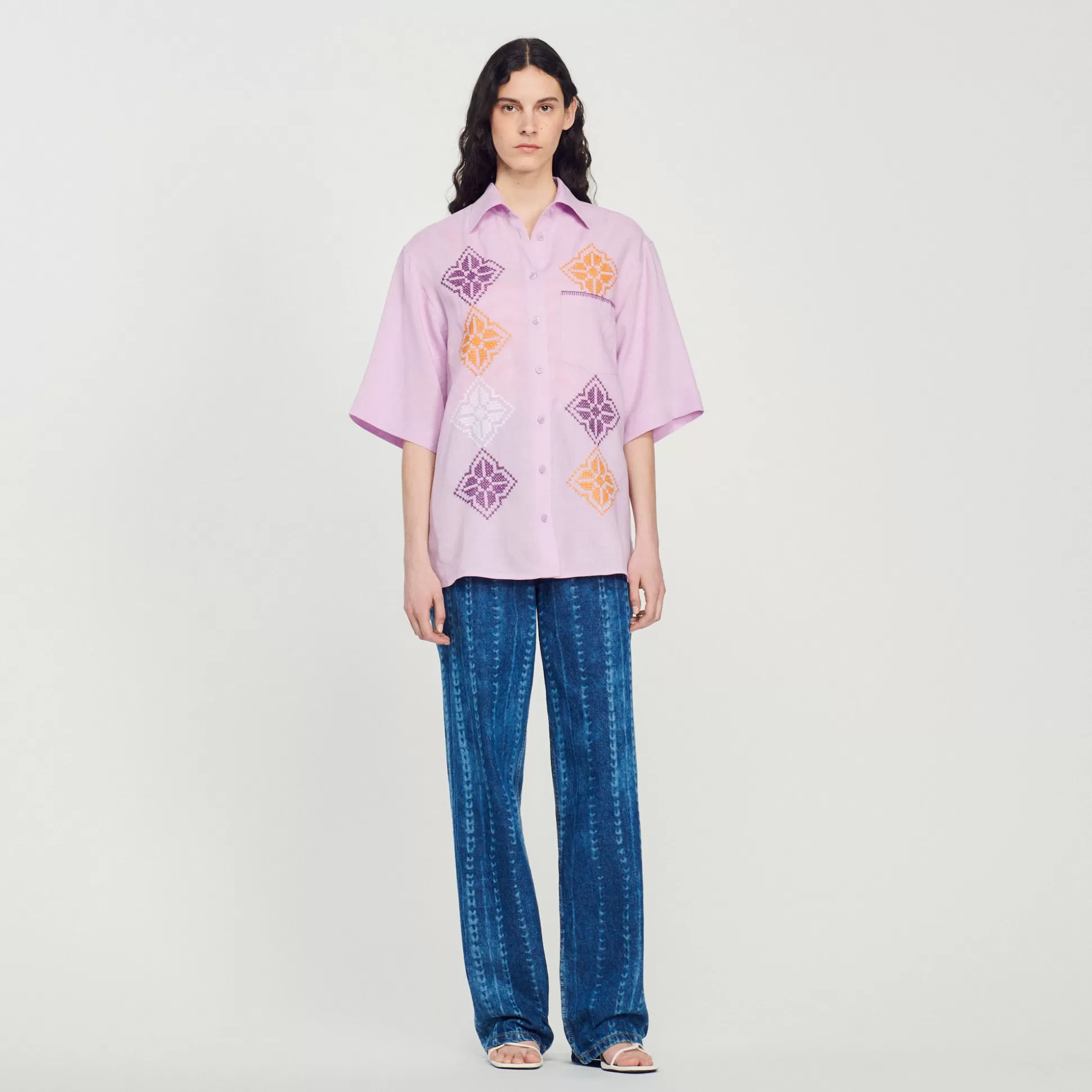 Sandro Paris Oversized Embroidered Linen Shirt> Tops & Shirts