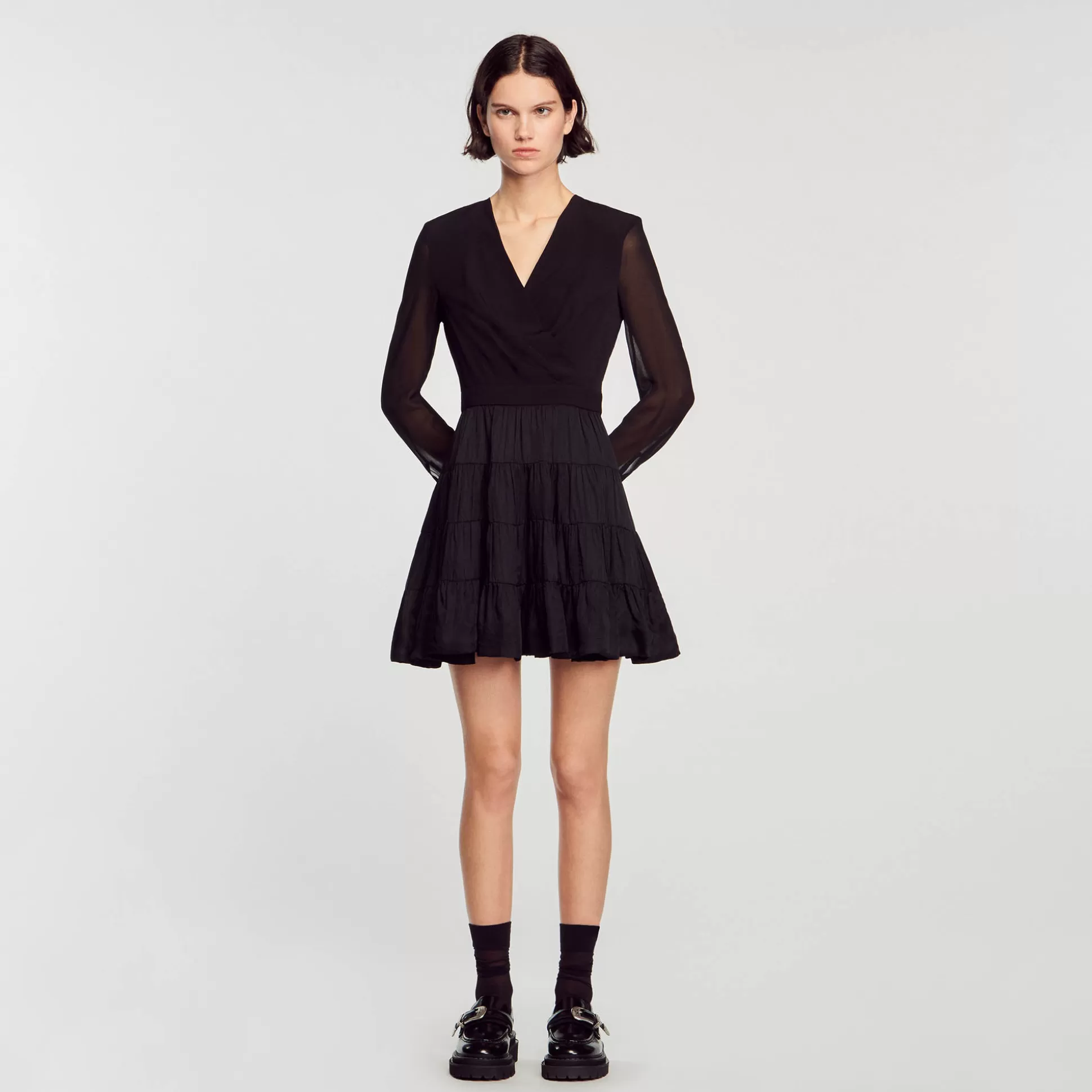 Sandro Paris Short Flowing Dual-Fabric Dress> Dresses